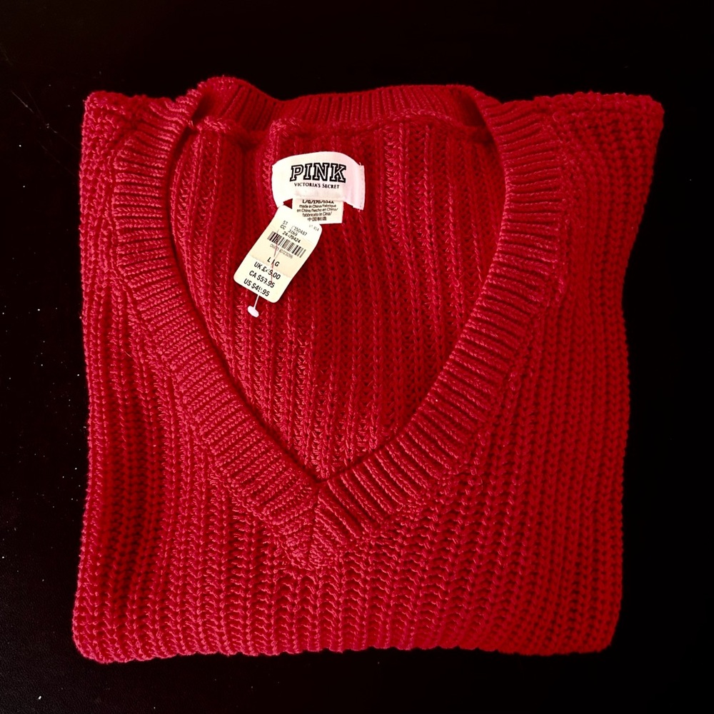 PINK Victoria's Secret Women’s V-Neck Ribbed Knit Sweater - Red